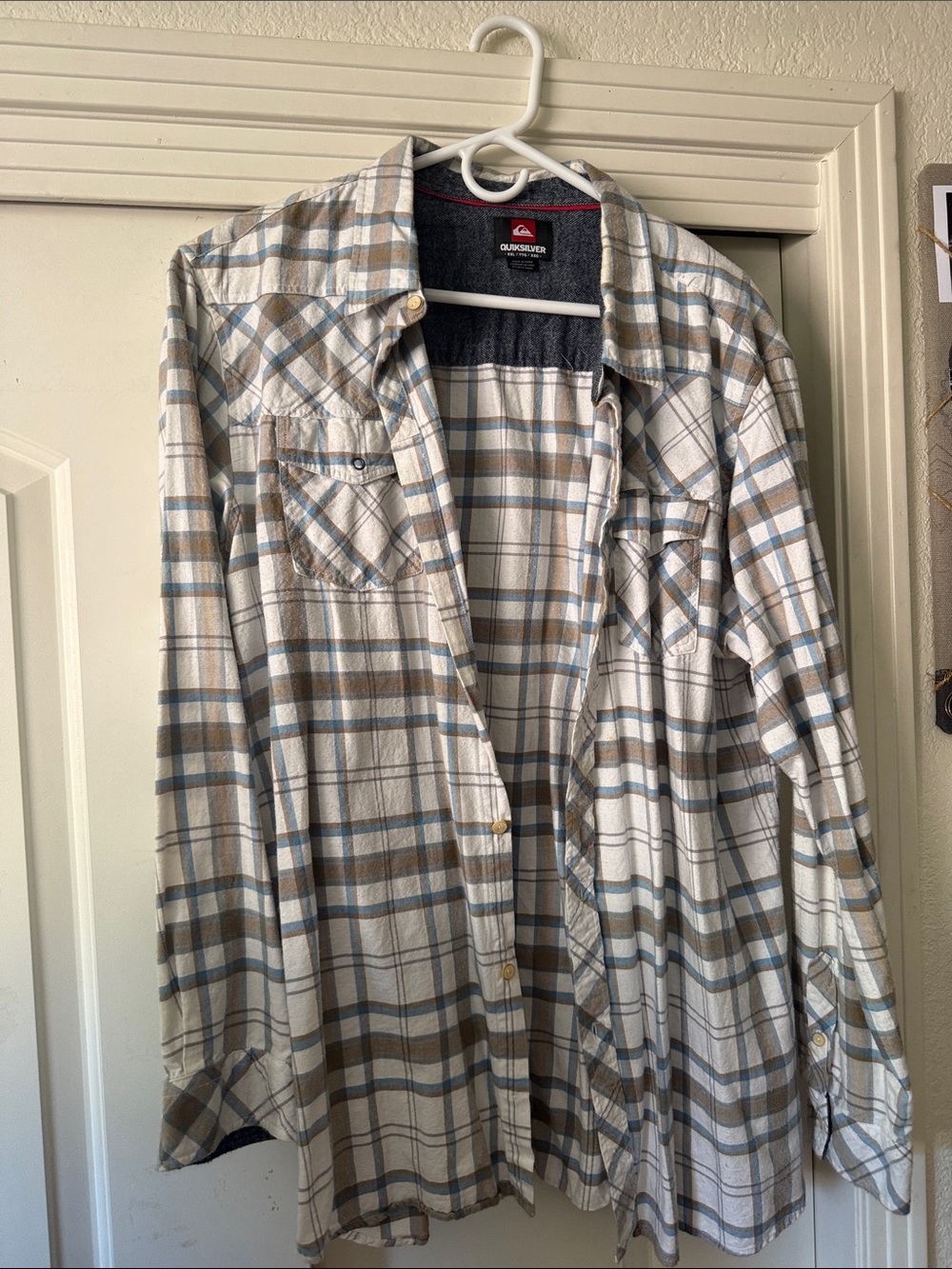 Quiksilver Men's Plaid Button-Down Shirt - White, Tan & Blue